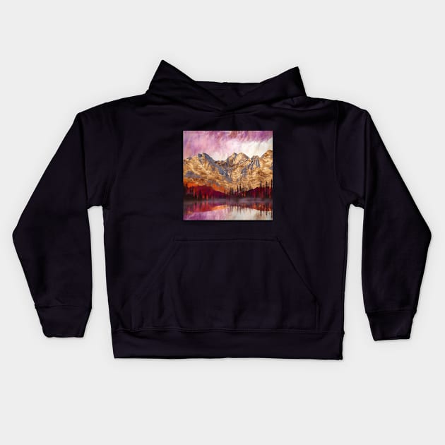 Golden Textured Mountain Lake Reflecting Pink Skies Kids Hoodie by The Art Mage